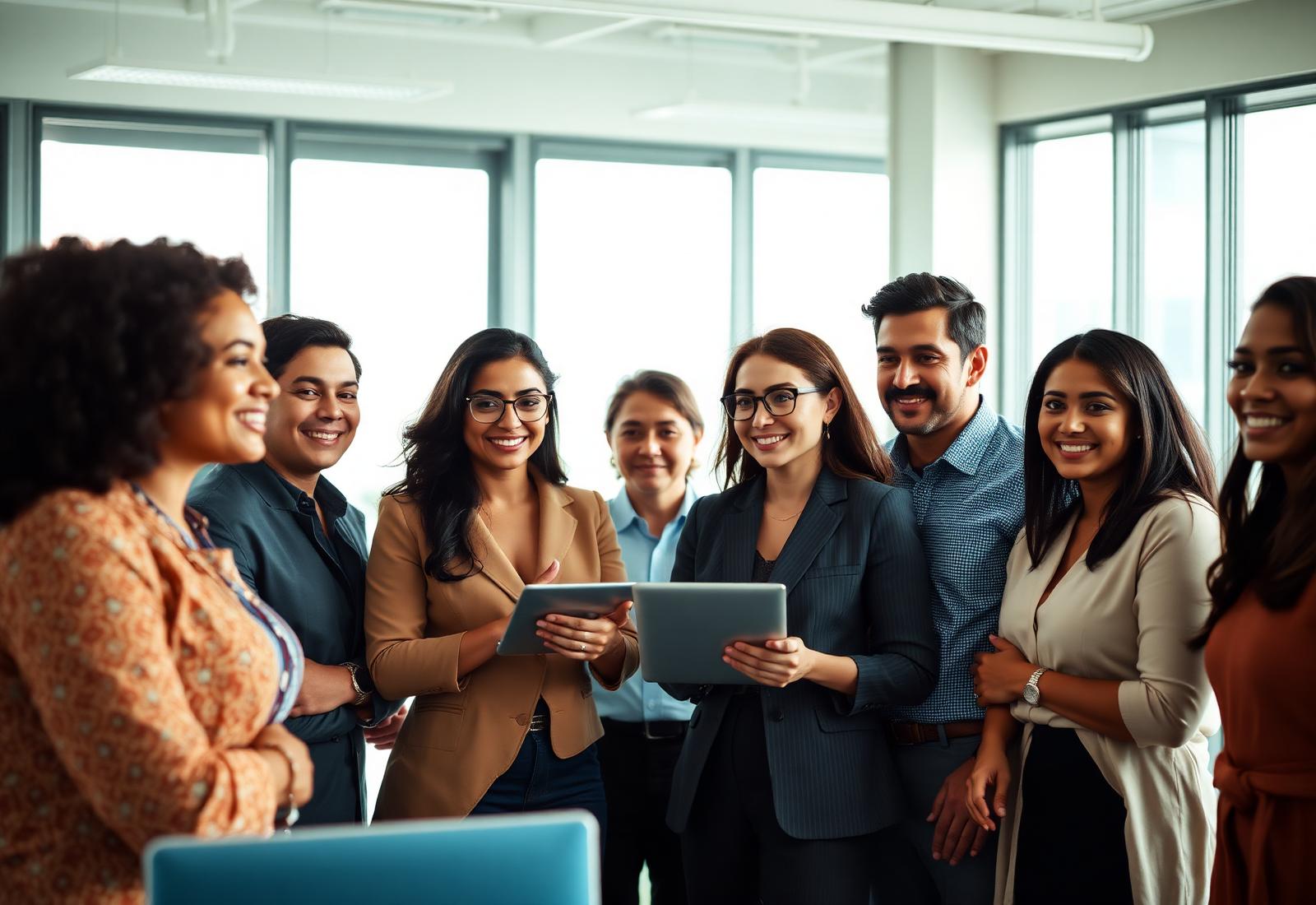 Equipe colaborando em ambiente saudável de trabalho